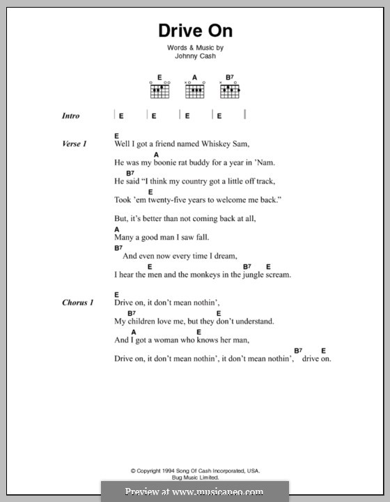 Drive on: Lyrics and chords by Johnny Cash