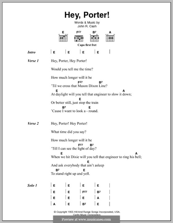 Hey, Porter: Lyrics and chords by Johnny Cash