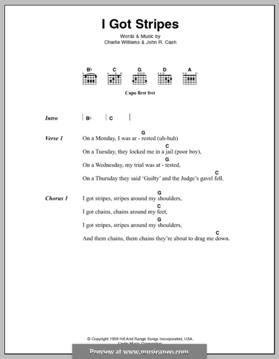 I Got Stripes: Lyrics and chords by Charles Lee Williams, Alan Lomax, John A. Lomax, Johnny Cash