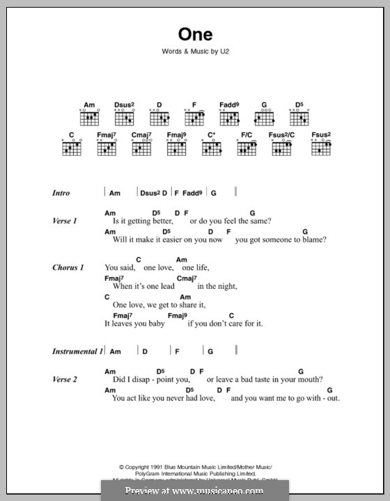 One: Lyrics and chords by U2, Adam Clayton, David Evans, Larry Mullen Jr., Paul Hewson