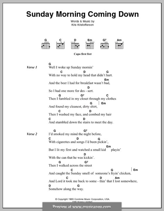 Sunday Mornin' Comin' Down: Lyrics and chords by Kris Kristofferson