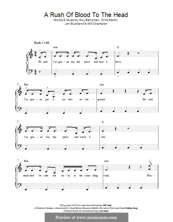 A Rush of Blood to the Head (Coldplay): For easy piano by Chris Martin, Guy Berryman, Jonny Buckland, Will Champion