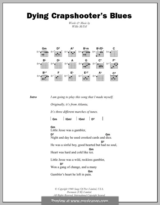 Dying Crapshooter's Blues: Lyrics and chords by Blind Willie McTell