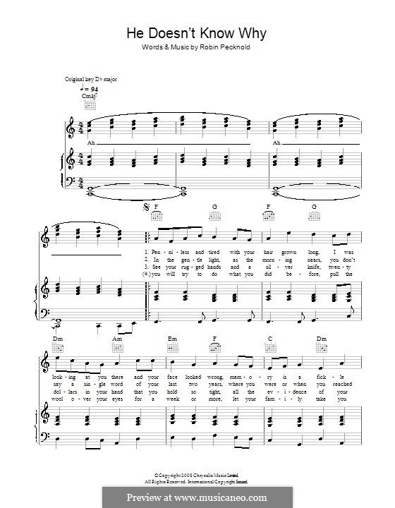 He Doesn't Know Why (Fleet Foxes): For voice and piano (or guitar) by Robin Pecknold