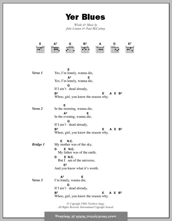 Yer Blues (The Beatles): Lyrics and chords by John Lennon, Paul McCartney