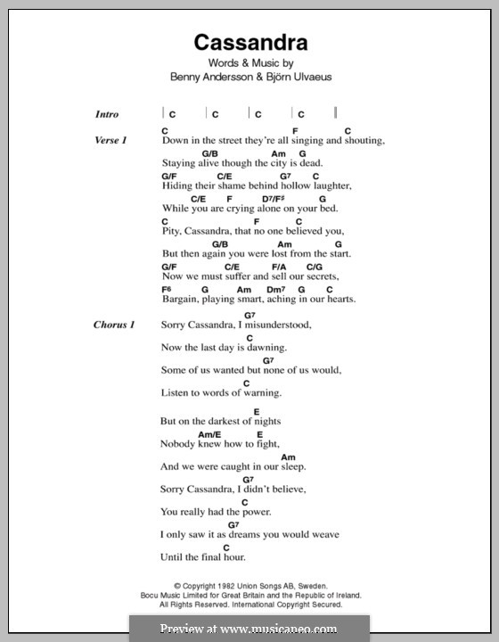 Cassandra (ABBA): Lyrics and chords by Benny Andersson, Björn Ulvaeus