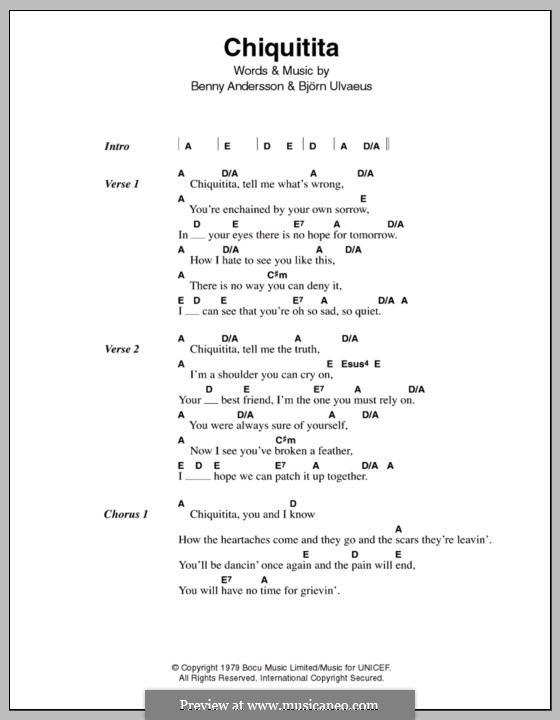 Chiquitita (ABBA): Lyrics and chords by Benny Andersson, Björn Ulvaeus