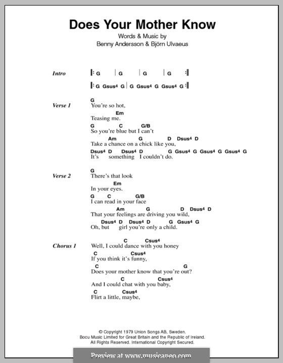 Does Your Mother Know (ABBA): Lyrics and chords by Benny Andersson, Björn Ulvaeus