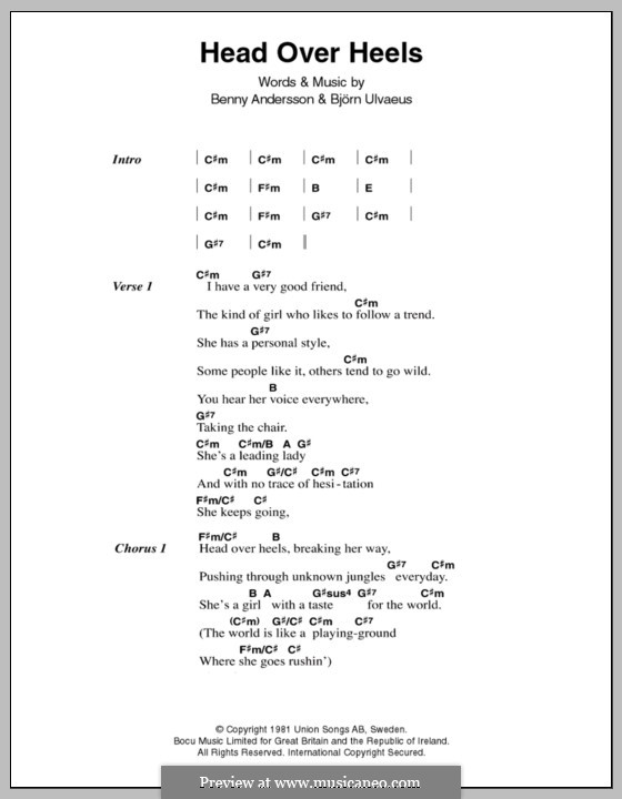 Head Over Heels (ABBA): Lyrics and chords by Benny Andersson, Björn Ulvaeus