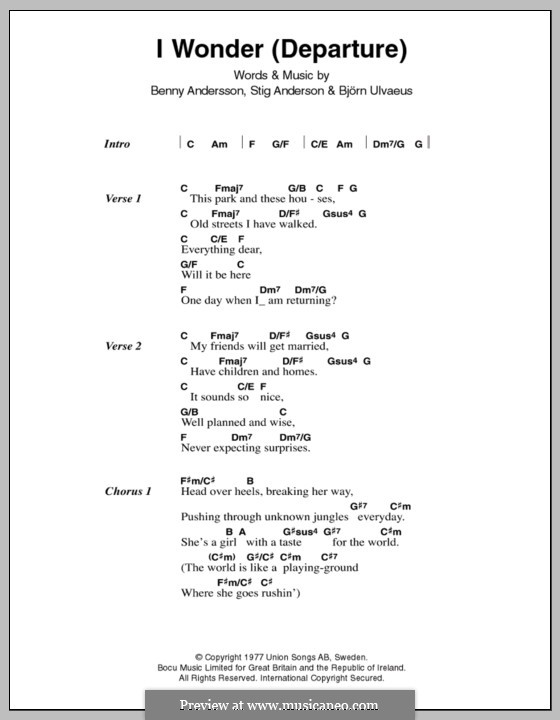I Wonder (Departure): Lyrics and chords (ABBA) by Benny Andersson, Björn Ulvaeus, Stig Anderson