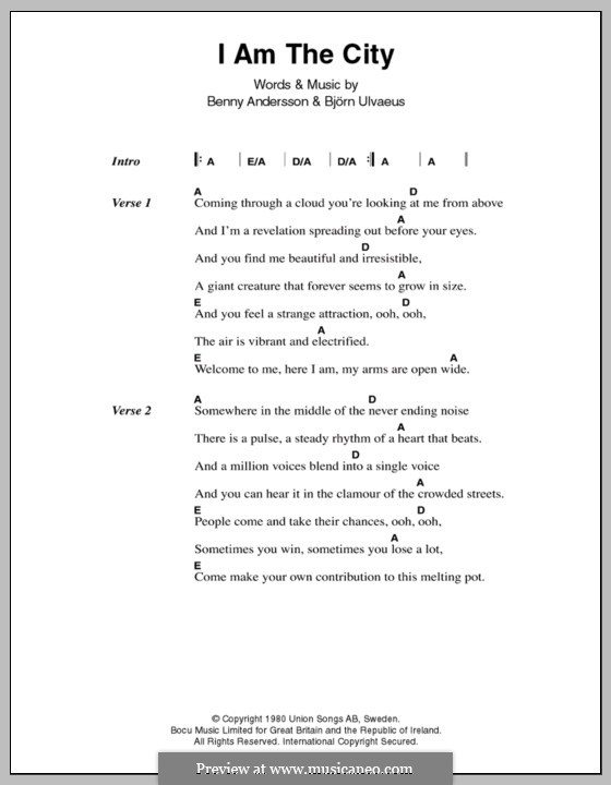 I am the City (ABBA): Lyrics and chords by Benny Andersson, Björn Ulvaeus