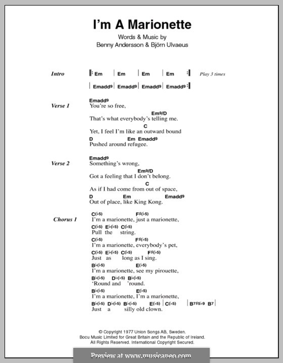I'm a Marionette (ABBA): Lyrics and chords by Benny Andersson, Björn Ulvaeus