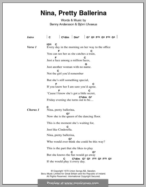 Nina, Pretty Ballerina (ABBA): Lyrics and chords by Benny Andersson, Björn Ulvaeus