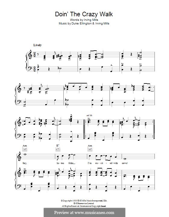 Doin' the Crazy Walk (Duke Ellington): For voice and piano (or guitar) by Irving Mills