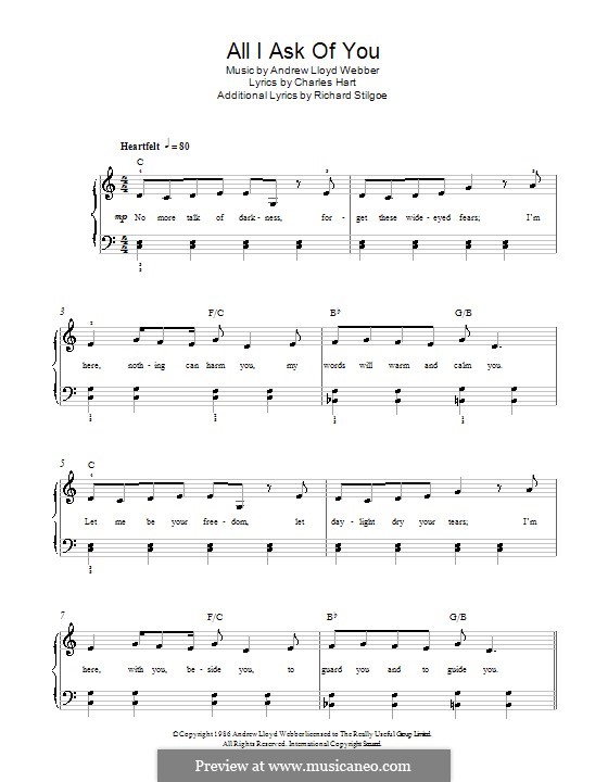 All I Ask of You, for piano: Easy notes with chords by Andrew Lloyd Webber