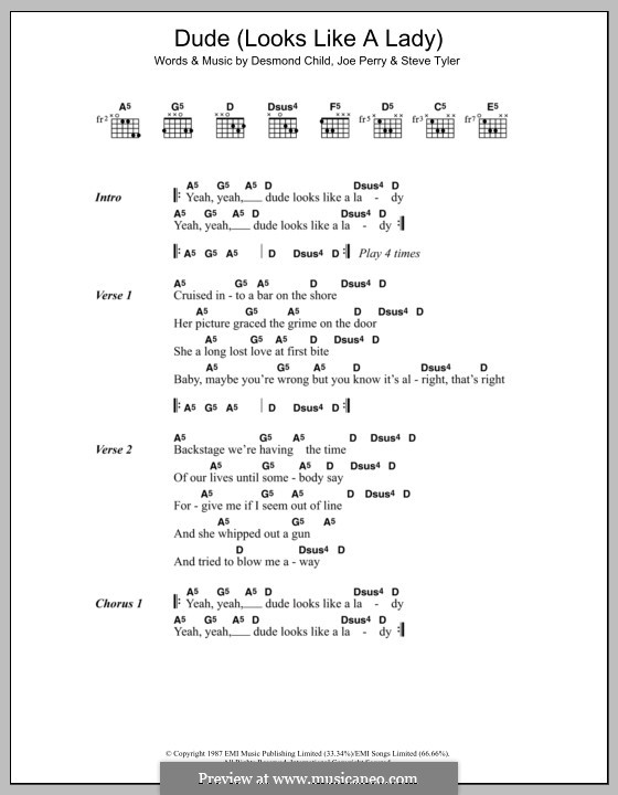 Dude (Looks Like a Lady) Aerosmith: Lyrics and chords by Desmond Child, Joe Perry, Steven Tyler
