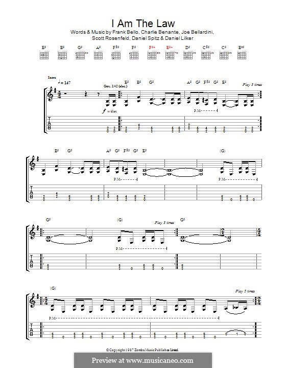 I am the Law (Anthrax): For guitar with tab by Charlie Benante, Daniel Spitz, Daniel Lilker, Frank Bello, Joseph Bellardini, Scott Ian Rosenfeld