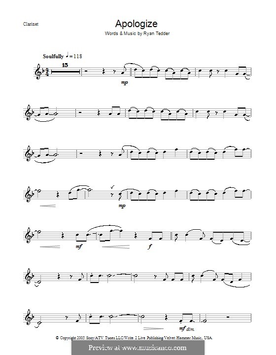 Apologize (OneRepublic): For clarinet by Ryan B Tedder