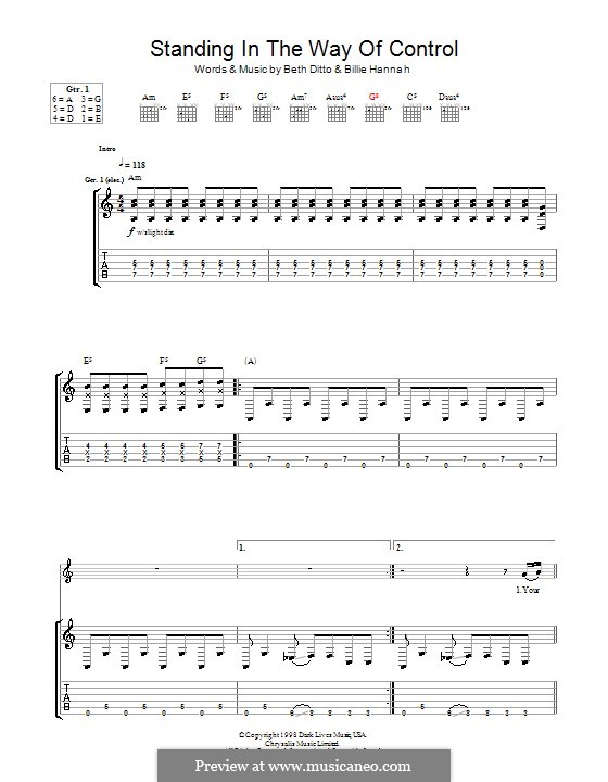Standing in the Way of Control (The Gossip): For guitar with tab by Beth Ditto, Hannah Blilie, Nathan Howdeshell