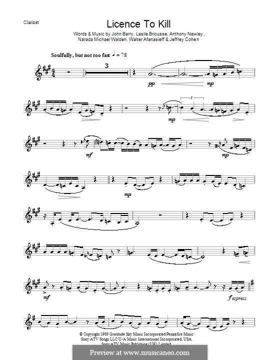 Licence to Kill (Gladys Knight): For clarinet by Anthony Newley, Jeffrey Cohen, John Barry, Leslie Bricusse, Narada Michael Walden, Walter Afanasieff