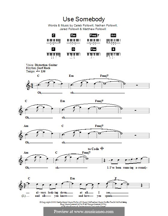 Use Somebody (Kings of Leon): For keyboard by Anthony Caleb Followill, Jared Followill, Matthew Followill, Nathan Followill