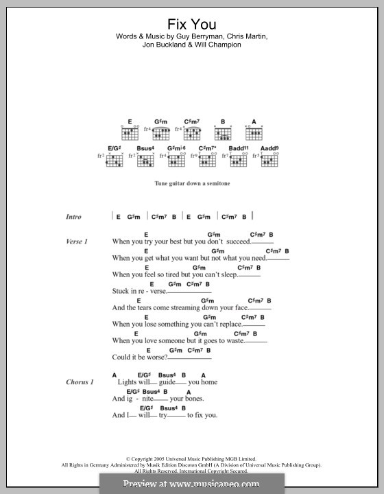 Fix You (Coldplay): Lyrics and chords by Chris Martin, Guy Berryman, Jonny Buckland, Will Champion