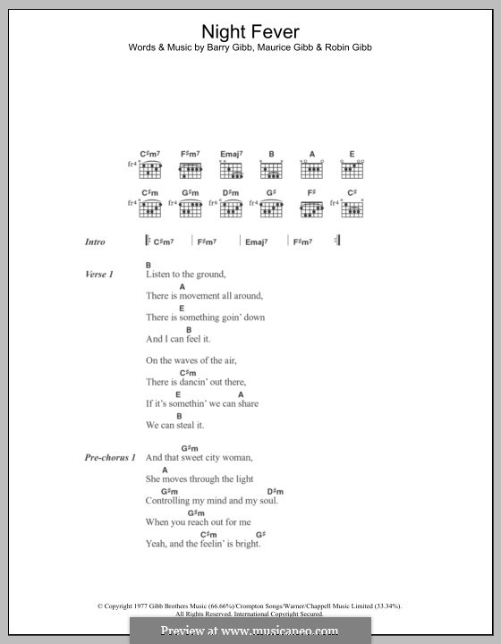 Night Fever (The Bee Gees): Lyrics and chords by Barry Gibb, Maurice Gibb, Robin Gibb
