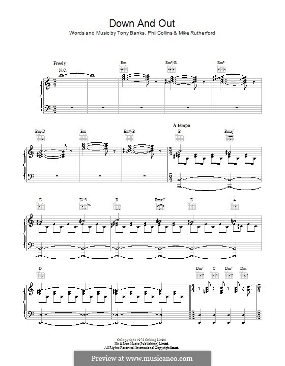 Down and Out (Genesis): For voice and piano (or guitar) by Tony Banks, Mike Rutherford, Phil Collins