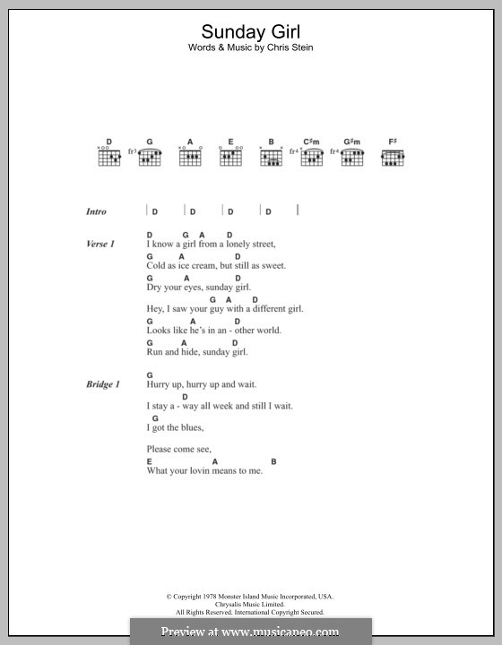 Sunday Girl (Blondie): Lyrics and chords by Chris Stein