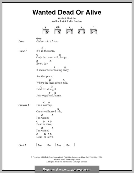 Wanted Dead or Alive (Bon Jovi): Lyrics and chords by Jon Bon Jovi, Richie Sambora