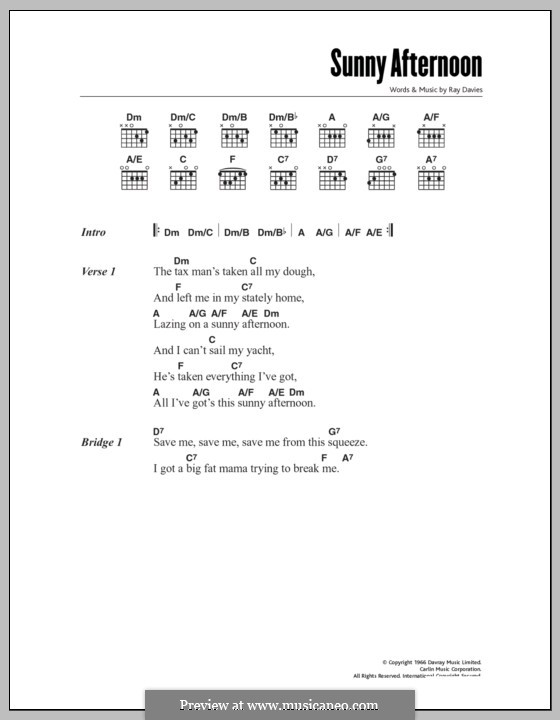 Sunny Afternoon (The Kinks): Lyrics and chords by Ray Davies