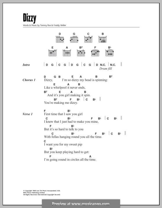 Dizzy: Lyrics and chords by Freddy Weller, Tommy Roe
