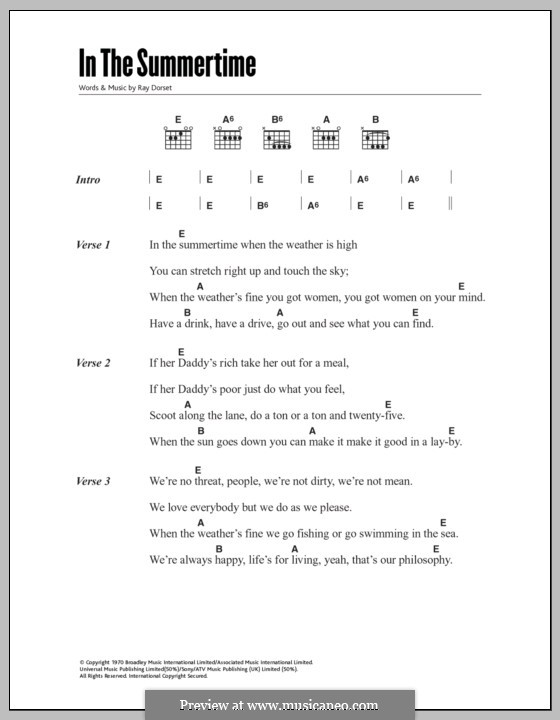 In the Summertime (Mungo Jerry): Lyrics and chords by Ray Dorset