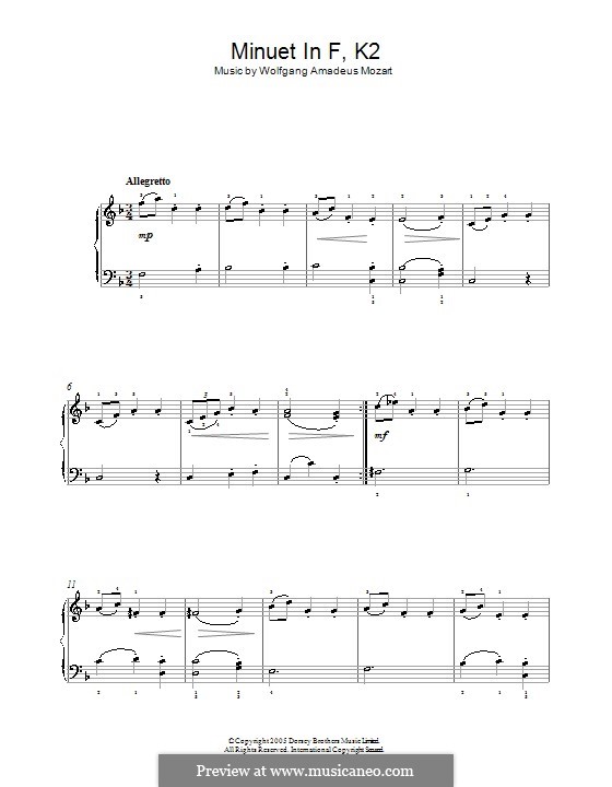 Minuet for Piano in F Major, K.2: For a single performer by Wolfgang Amadeus Mozart