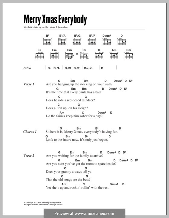 Merry Xmas Everybody (Slade): Lyrics and chords by James Lea, Noddy Holder