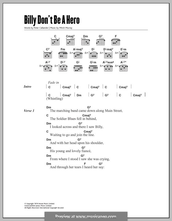 Billy, Don't Be a Hero (Paper Lace) by M. Murray sheet music on MusicaNeo