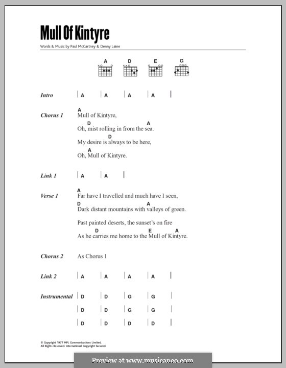 Mull of Kintyre (Wings): Lyrics and chords by Denny Laine, Paul McCartney