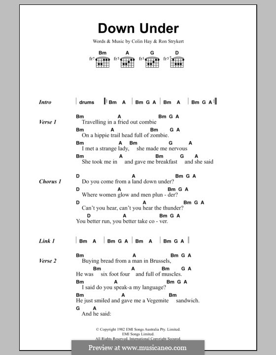 Down Under (Men at Work): Lyrics and chords by Colin Hay, Ron Strykert