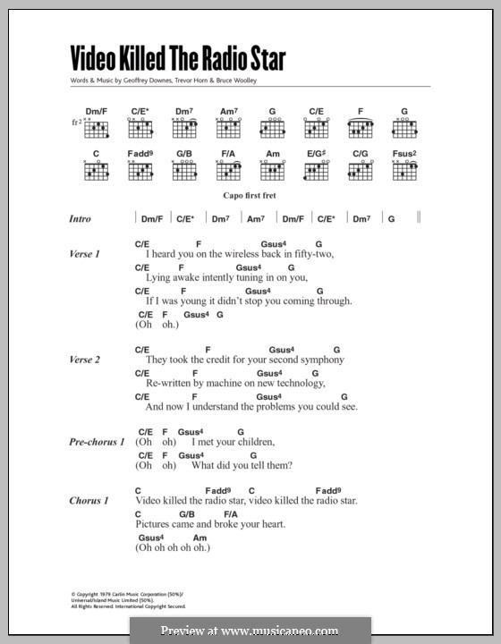 Video Killed the Radio Star (Buggles): Lyrics and chords by Bruce Woolley, Geoffrey Downes, Trevor Horn