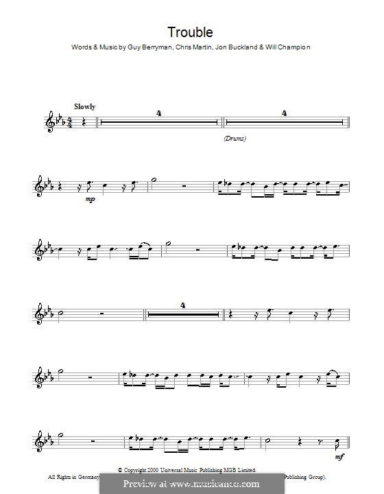 Trouble (Coldplay): For flute by Chris Martin, Guy Berryman, Jonny Buckland, Will Champion