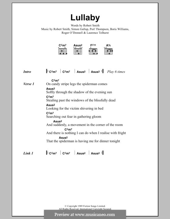 Lullaby (The Cure): Lyrics and chords by Boris Williams, Laurence Tolhurst, Porl Thompson, Robert Gary Smith, Roger O'Donnell, Simon Gallup