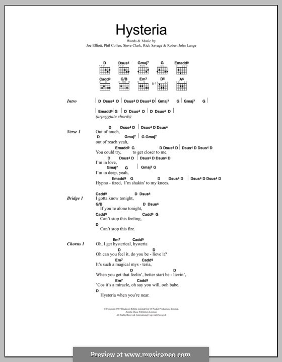 Hysteria (Def Leppard): Lyrics and chords by Joe Elliott, Phil Collen, Richard Allen, Richard Savage, Robert John Lange, Steve Clark