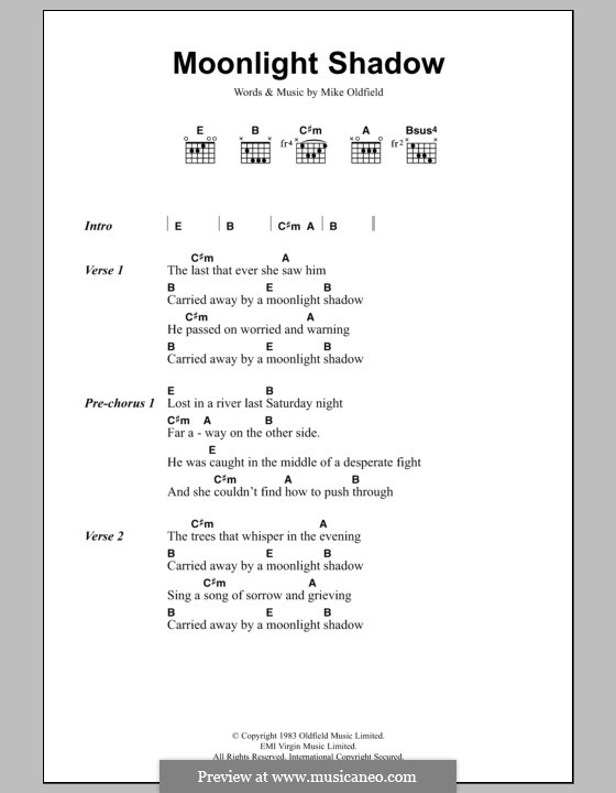 Moonlight Shadow: Lyrics and chords by Mike Oldfield