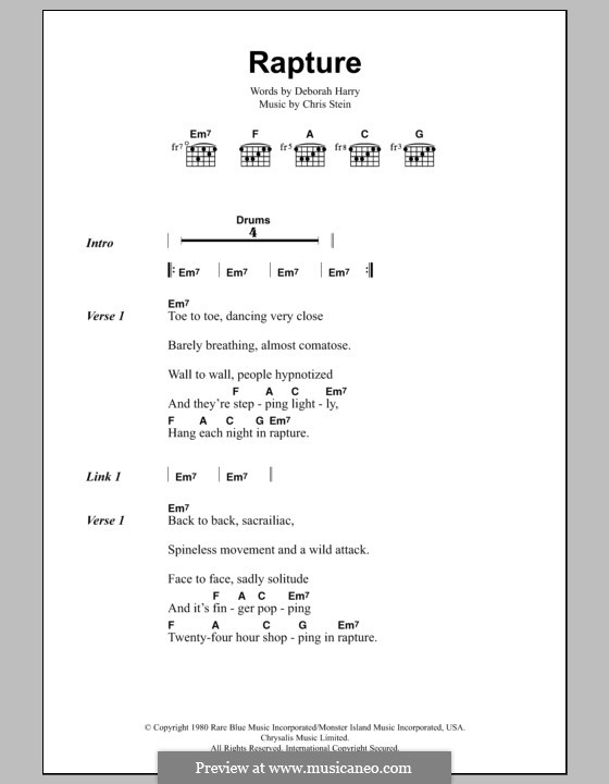 Rapture (Blondie): Lyrics and chords by Chris Stein, Deborah Harry