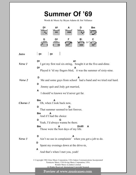 Summer of '69: Lyrics and chords by Bryan Adams, Jim Vallance