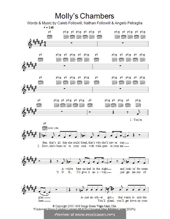 Molly's Chambers (Kings of Leon): Melody line, lyrics and chords by Angelo, Anthony Caleb Followill, Nathan Followill