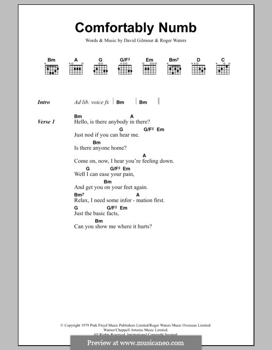 Comfortably Numb (Pink Floyd): Lyrics and chords by David Gilmour, Roger Waters