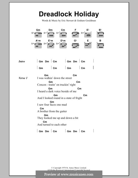 Dreadlock Holiday: Lyrics and Chords by Eric Stewart, Graham Gouldman