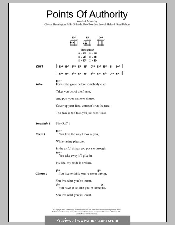 Points of Authority (Linkin Park): Lyrics and chords by Brad Delson, Charles Bennington, Joseph Hahn, Mike Shinoda, Rob Bourdon