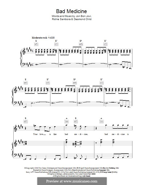 Bad Medicine (Bon Jovi): For voice and piano (or guitar) by Desmond Child, Jon Bon Jovi, Richie Sambora